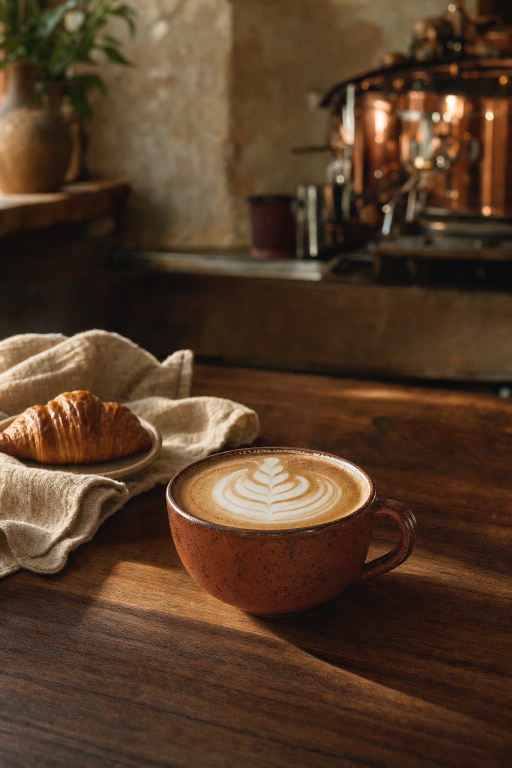 Rust-colored ceramic cappuccino beside a croissant on a sunlit walnut counter