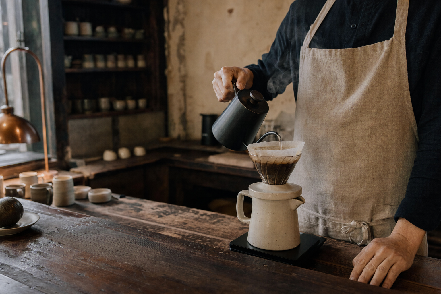 Barista hand-pouring filter coffee into a ceramic server at a worn timber counter